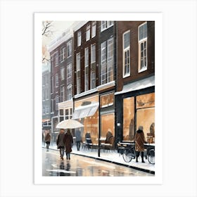 Amsterdam cafes, winter season, Christmas, autumn oil colors, pale colors, pedestrians in the street, winter clothes, falling snow.10 Art Print