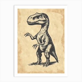 Velociraptor Dinosaur Black Ink & Sepia Illustration 1 Art Print