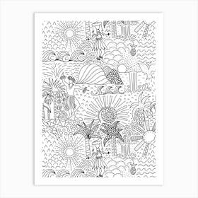 Hawaiian Toile Polynesian Hula Dance Tropical Landscape Black White Art Print