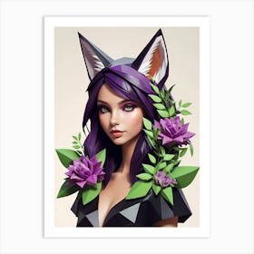 Low Poly Floral Fox Girl, Green (10) Art Print