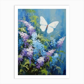 White Butterfly On Purple Flowers Art Print