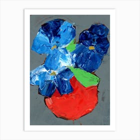 Blue Flowers In A Red Vase acrylic painting floral still life kitchen Art Print