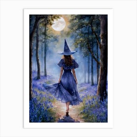 A Witch in Bluebell Woods - Watercolor witchy art by Lyra the Lavender Witch - Spring Pagan Ostara Beltane Wicca Wheel of the Year Gallery Feature Wall - Fairytale Blue Indigo Fairycore Fairy Magick Forest Fairytale Magical Full Moon Lunar Goddess HD Art Print