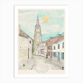 Bruges Belgium Art Print - Church of Our Lady Cityscape - Hand-Drawn Watercolor Travel Art - Belgian Wall Decor Art Print