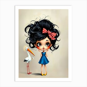 Cartoon Girl With Stork Art Print