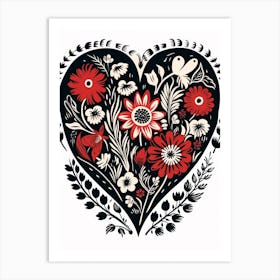 Folky Black Heart Floral Linocut Style 2 Art Print