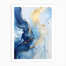 Blue, White, Gold Flow Asbtract Painting 0 Art Print