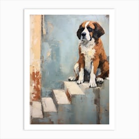 Saint Bernard Dog, Painting In Light Teal And Brown 3 Art Print