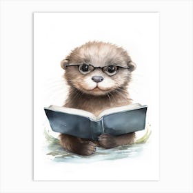 Smart Baby Otter Wearing Glasses Watercolour Illustration 2 Art Print