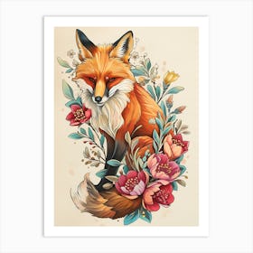 Amazing Red Fox With Flowers 13 Art Print