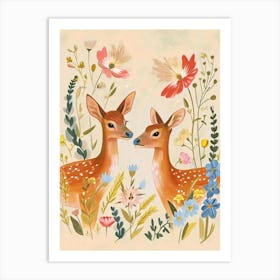 Folksy Floral Animal Drawing Deer 2 Art Print