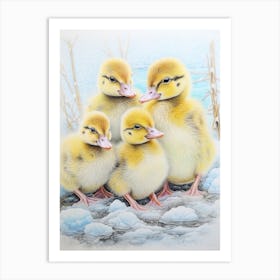 Icy Ducklings In The Snow Pencil Illustration 1 Art Print