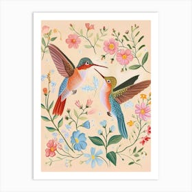Folksy Floral Animal Drawing Hummingbird Art Print