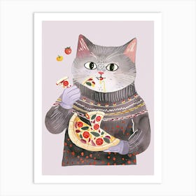 Cute Grey Cat Eating A Pizza Slice Folk Illustration 2 Art Print