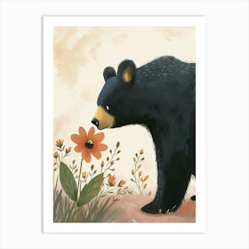American Black Bear Sniffing A Flower Storybook Illustration 1 Art Print