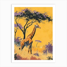 Lilac Giraffe Watercolour Inspired Illustration Under The Acacia Tree 3 Art Print