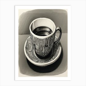 Coffee Cup Print Black Pen Drawing Art Print