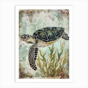 Vintage Sea Turtle In The Seaweed 1 Art Print