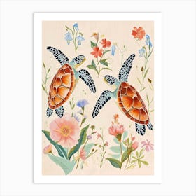 Folksy Floral Animal Drawing Turtle 1 Art Print