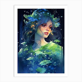 Alluring forest nymph with flowing emerald hair Art Print