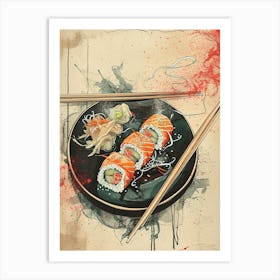 Sushi & Chopsticks Abstract Paint Drip Illustration Art Print