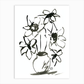 Inked Sunflowers - black and white minimal minimalist drawing line ink Art Print