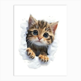 Cute Kitten Cat Peeking From Snow 3 Art Print