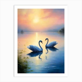 Two Swans At Sunset Art Print