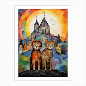 Patchwork Cats On A Hill In Front Of A Medieval Village Art Print