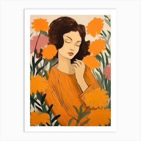 Woman With Autumnal Flowers Marigold 4 Art Print