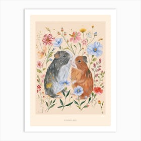 Folksy Floral Animal Drawing Guinea Pig 2 Poster Art Print