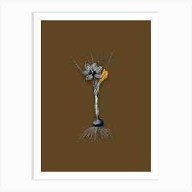 Vintage Crocus Sativus Black and White Gold Leaf Floral Art on Coffee Brown n.0364 Art Print