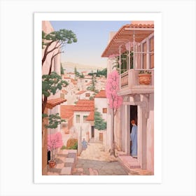 Paphos Cyprus 3 Vintage Pink Travel Illustration Art Print