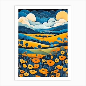 Cartoon Poppy Field Landscape Illustration (9) Art Print