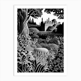 Powis Castle Gardens, United Kingdom Linocut Black And White Vintage Art Print