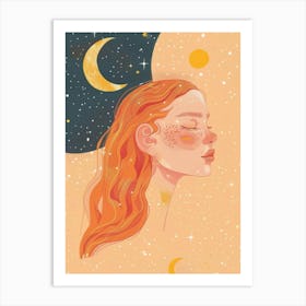 Portrait Of A Girl With Moon And Stars Art Print