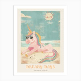 Unicorn Sunbathing On A Beach With The Sun Pastel Storybook Style Poster Art Print