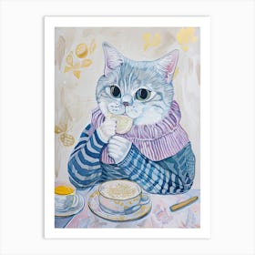 Grey And White Cat Having Breakfast Folk Illustration 4 Art Print