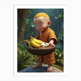 Little cartoon boy with a box of bananas Art Print