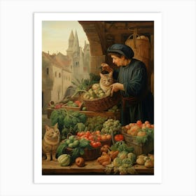 Cats At The Fruit Stall In A Medieval Market Art Print