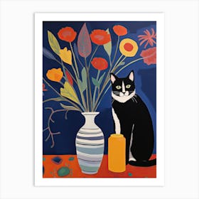 Irises Flower Vase And A Cat, A Painting In The Style Of Matisse 2 Art Print