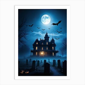 Frightened Souls Hovering Over A Victorian Mansion On A Dark Halloween Night Silhouetted Against A Art Print