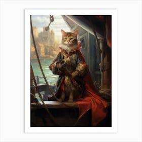 Cat As A Captain On A Medieval Boat 1 Art Print