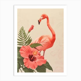 American Flamingo And Hibiscus Minimalist Illustration 3 Art Print