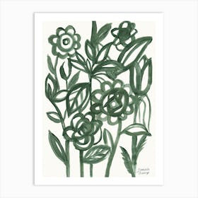 Abstract Linear Floral Dark Green Art Print