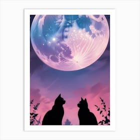 Two Black Cats Silhouetted Under A Large Pink Moon Art Print