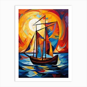 Sailing Boat at Sunset III, Avant Garde Vibrant Colorful Painting in Cubism Picasso Style Art Print