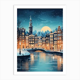 Winter Travel Night Illustration Amsterdam Netherlands 4 Art Print