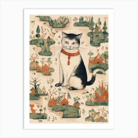 Black & White Cat With Medieval Village Art Print