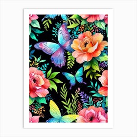 Watercolor Roses And Butterflies Art Print